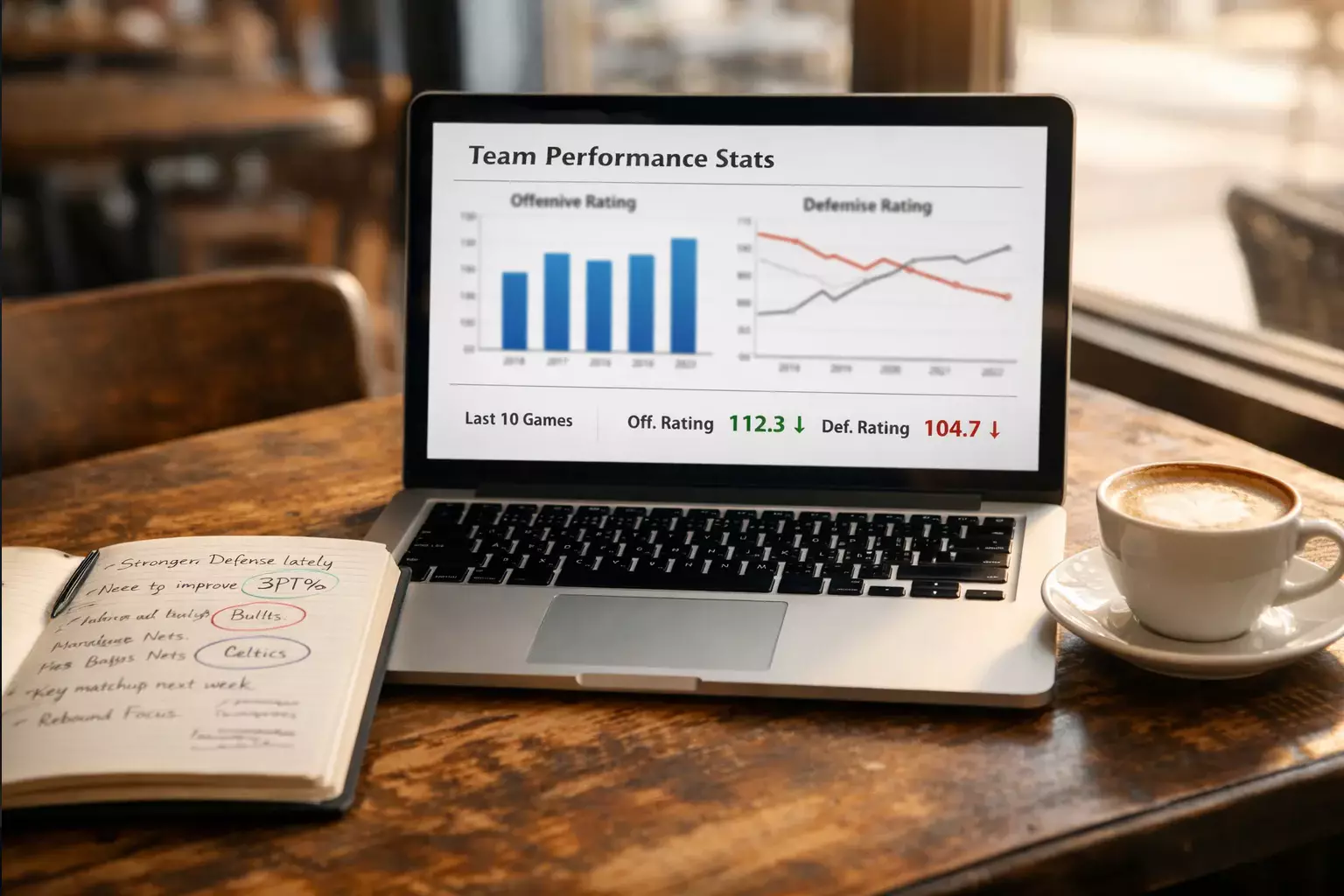 Analyste consultant des statistiques avancees NBA sur un ordinateur portable