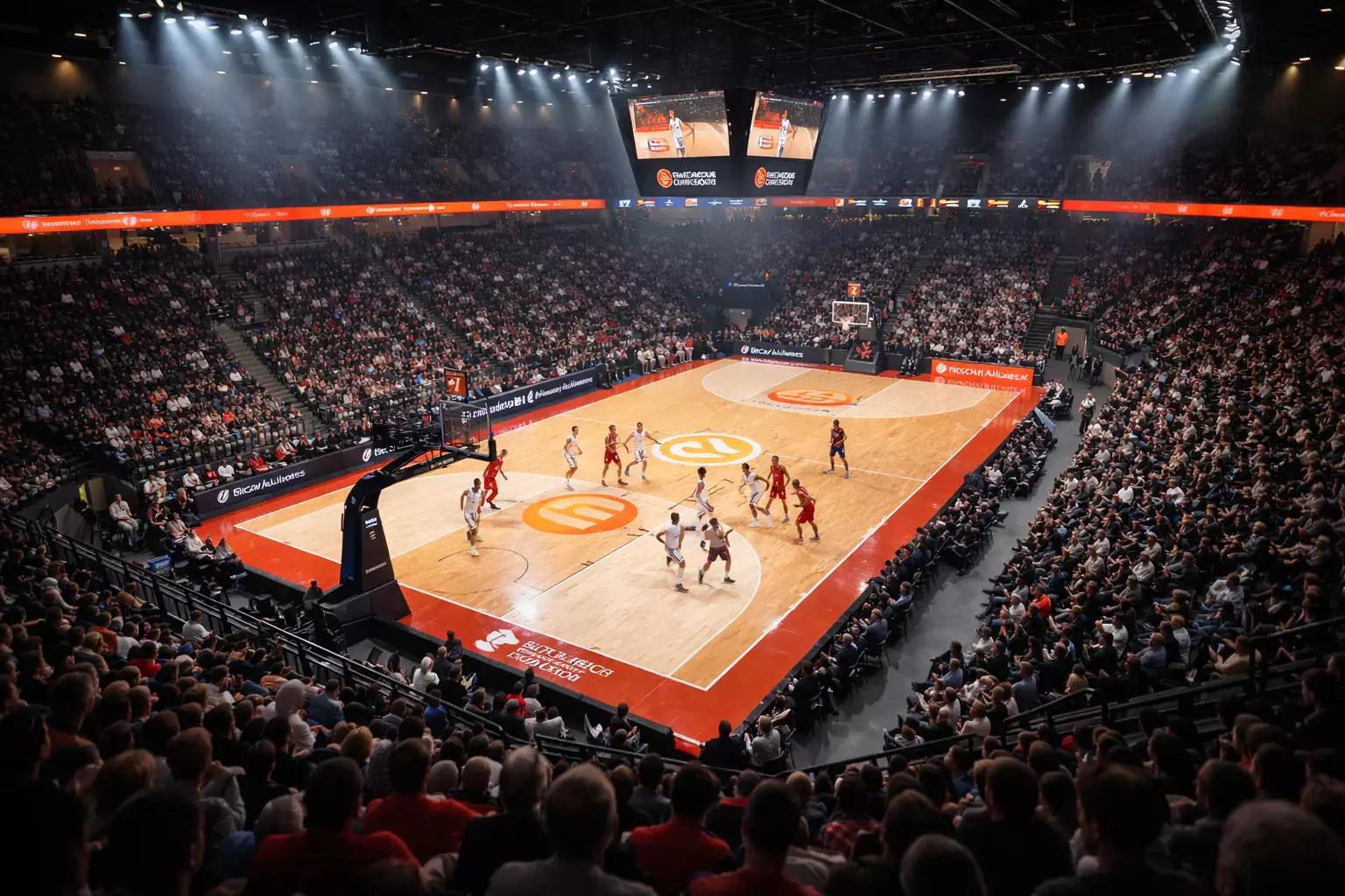 Match de basketball EuroLeague en salle avec ambiance de competition europeenne