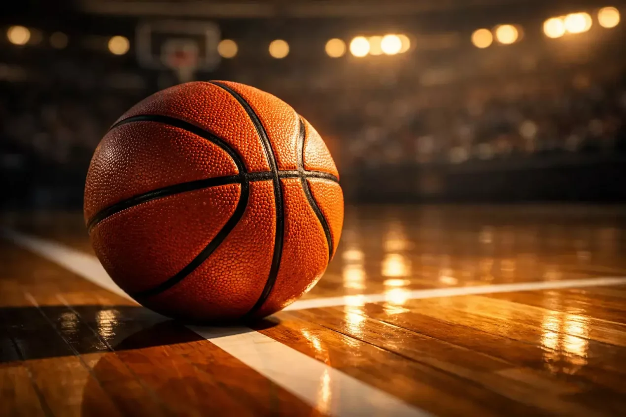 Parier sur le basketball : ballon NBA sur parquet avec eclairage dramatique