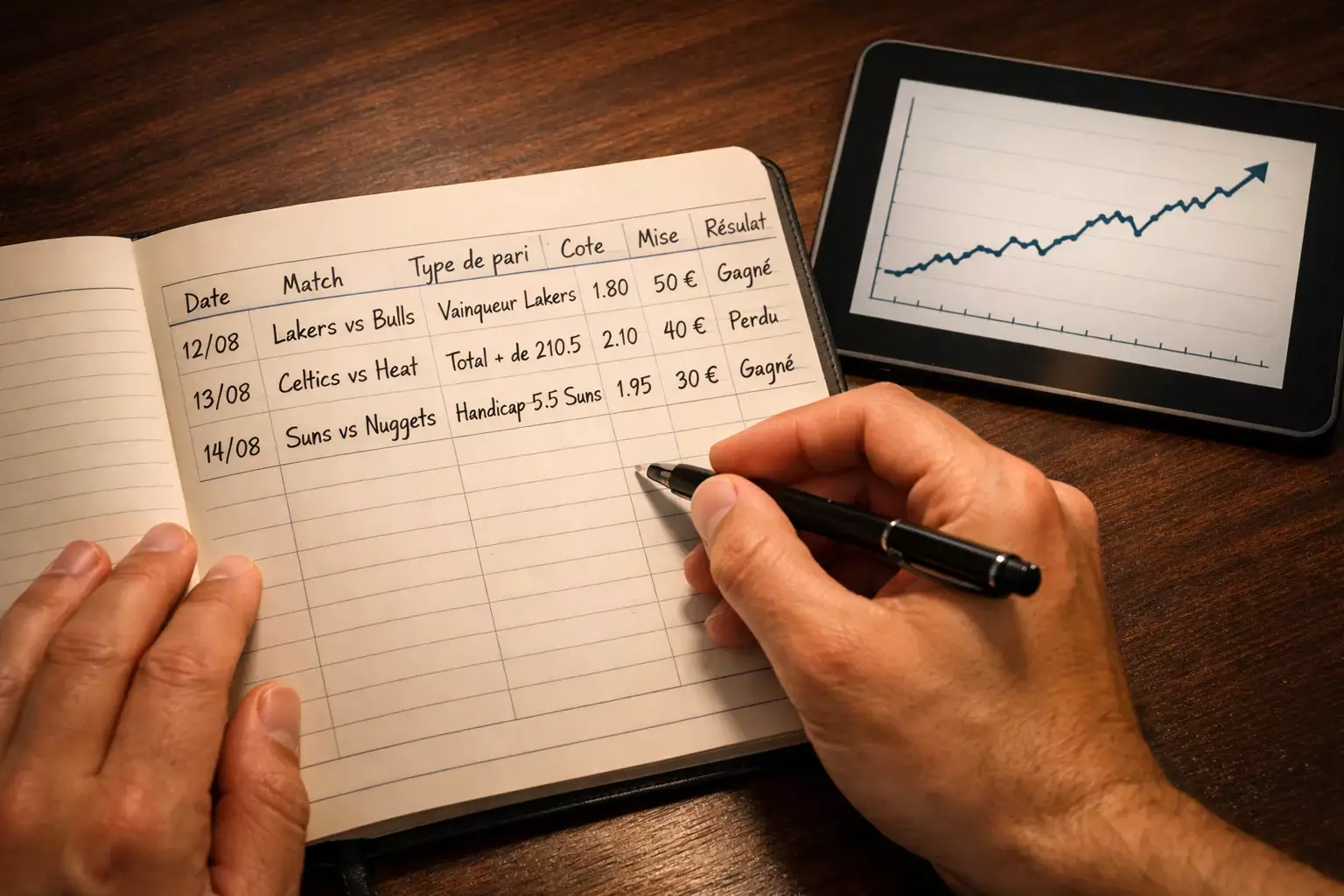 Carnet de notes avec strategie de paris basketball et gestion de bankroll